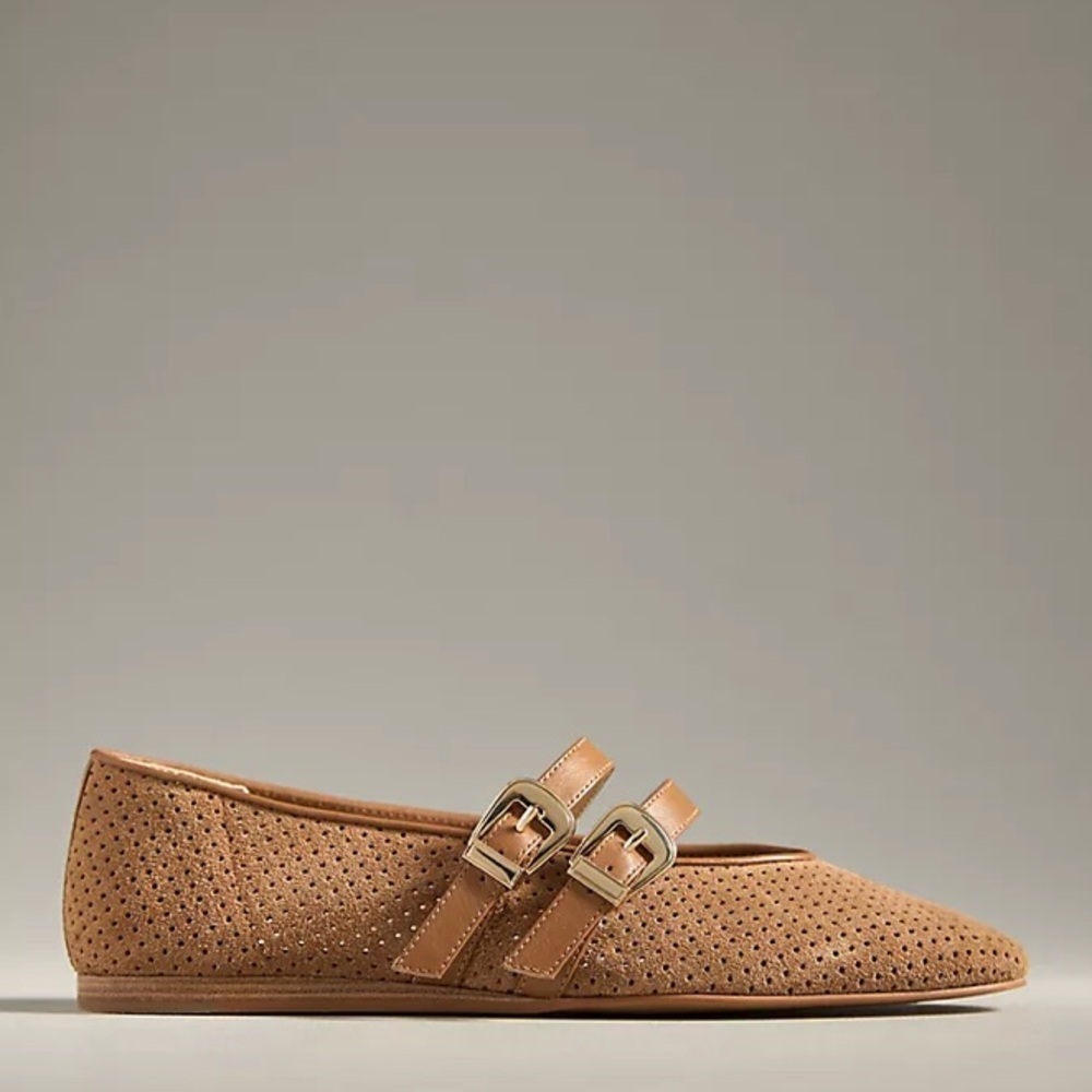 Anthropologie Tan Perforated Double-Buckle Ballet Flat